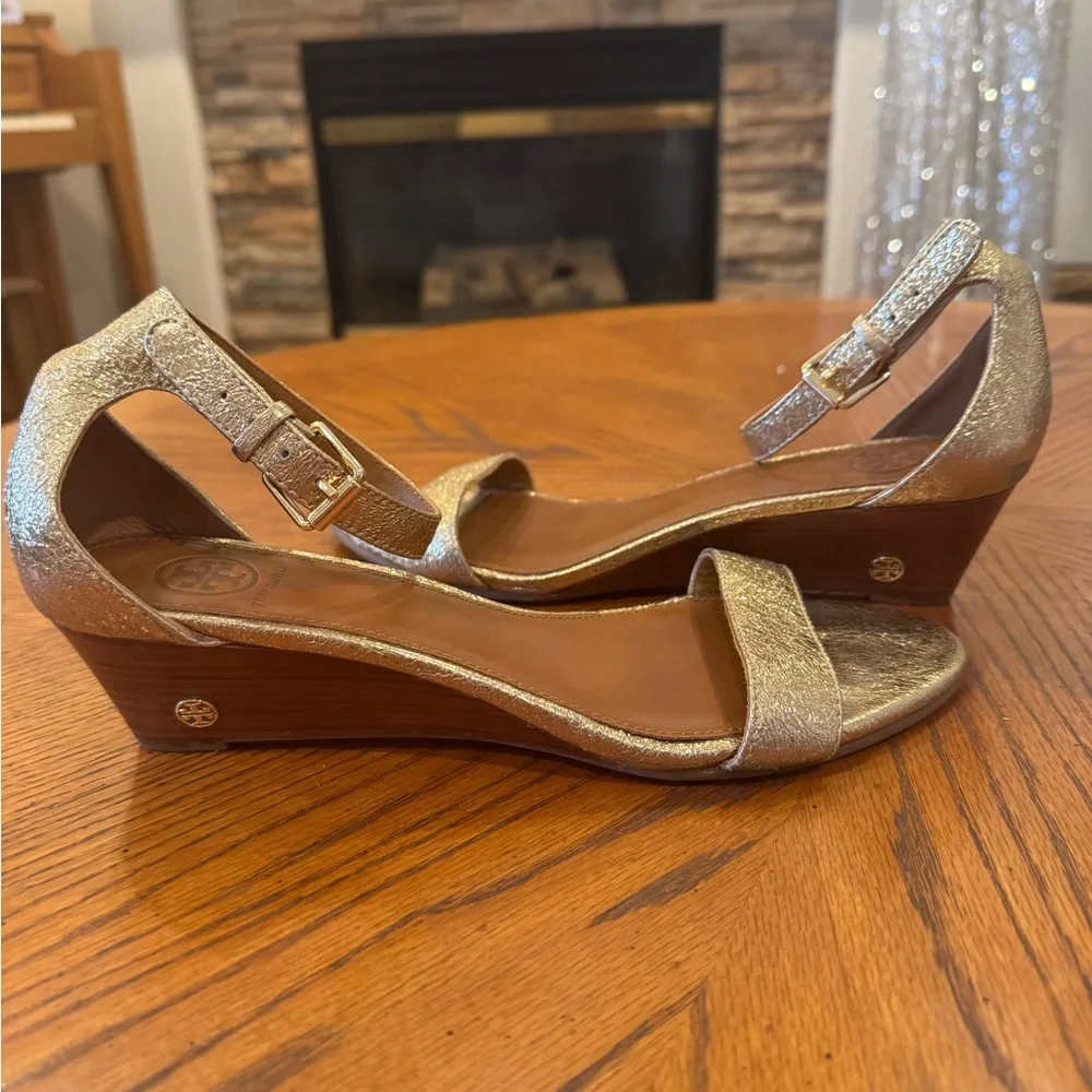 Tory Burch Gold Ankle Strap Wedges 8